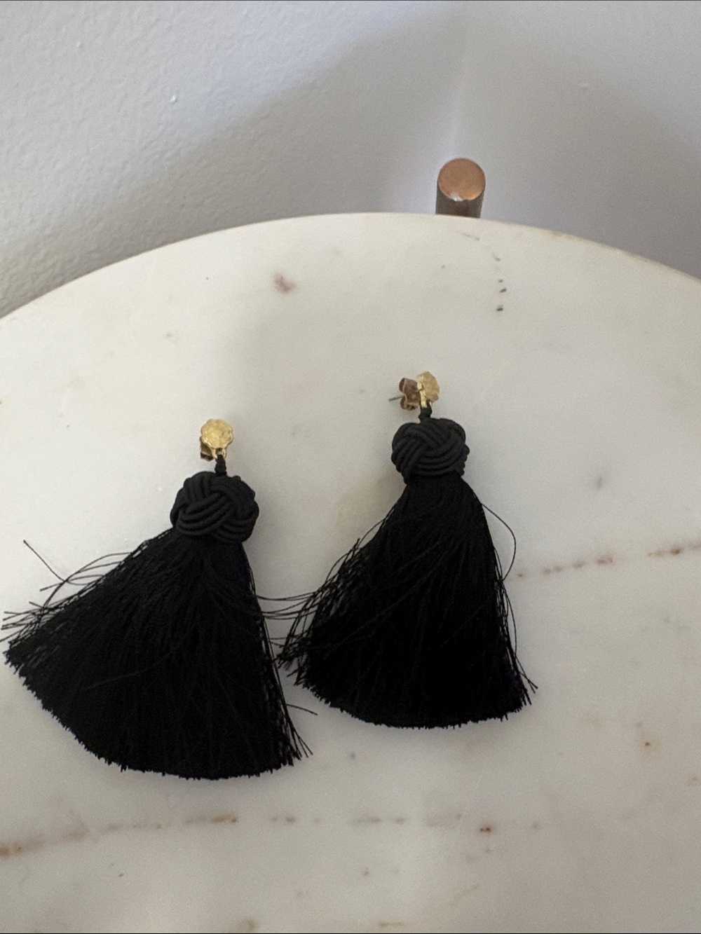 Anthropologie Black Tassel Drop Earrings with Gold Studs